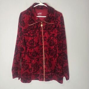 Style & Co Sport Zip Up Velour Jacket  3X w Pockets Red Black Paisley‎ Sweater